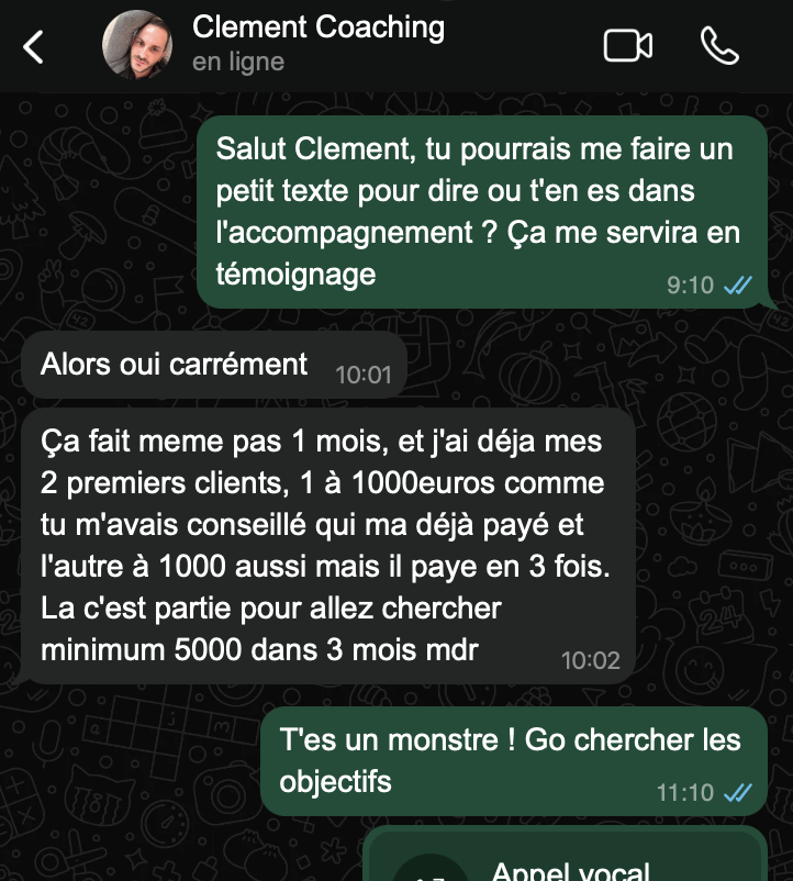 Capture WhatsApp Clément 2 premiers clients