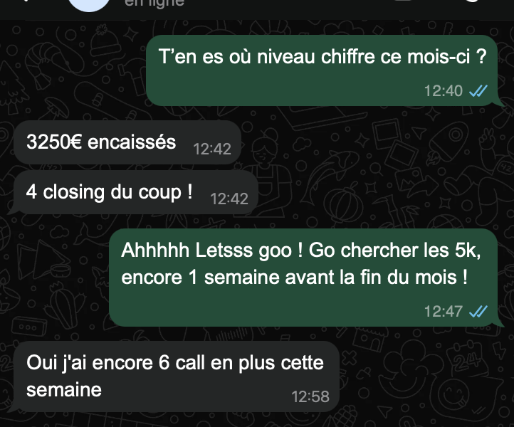 Capture WhatsApp 3250€ encaissés et 4 closings